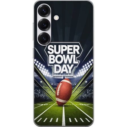 Kompatibel Mobilcover til Samsung Galaxy S25 Super Bowl Day plakat med amerikansk fodbold på oplyst arena i dramatisk sportsdesign
