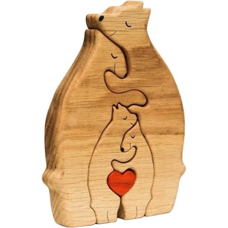 Bjørne-familiepuslespil, træbjørne familiekunstpuslespil, træstatue af sød dyrefamilie, træfamilieklodser håndudskåret julegave
