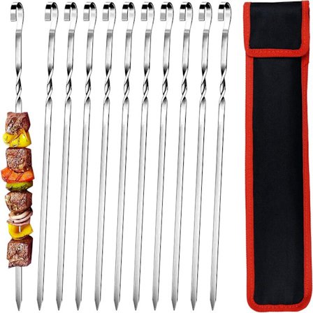 Set of 10 Stainless Steel BBQ Skewers for Grilling, Flat Metal Skewers 38cm, with Portable Storage Bag