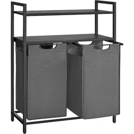 Vasagle tvättkorg 2-fack, tvätthamare med 2 hyllor, per påse 46 liter, svartgrön