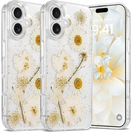(Daisy) Blommigt Skal för iPhone 16, Transparent Skal med Äkta Torkade Blommönster, Glittrande Söt Blomdesign f,A