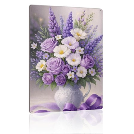 Laventeli Ruusu Metallikyltti Pehmeä Purppura & Valkoinen Kukka Maljakko Taide Vintage Peltikyltti Romanttiseen Seinäkoristeluun