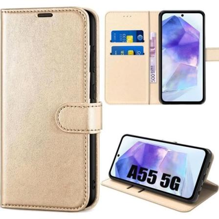 Etui til Samsung Galaxy A55 5G, stødsikkert PU-læderbeskyttende etui med kortholder og stativfunktion - guld gyllene