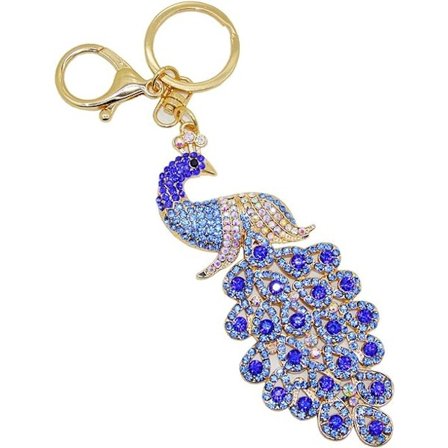1 Nøglering med påfugl i metal med glitrende krystalrhinesten