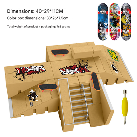 Fingerskateboardrampesett, Fingerskateboardparksett, Skateboardparksett inkludert skateboard og rampe.