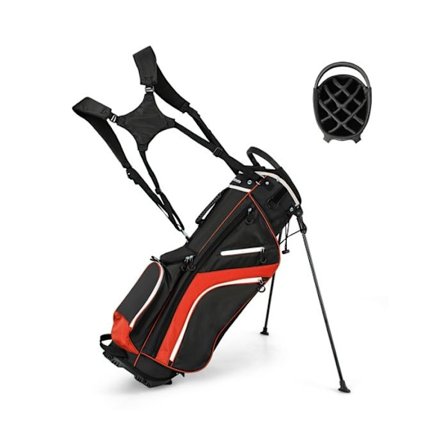 COSTWAY Golf Bag Tripod - Regnjakke - Top Separators op til 14 Retninger - 6 Lommer - Isoleret Taske - Dobbelt Rem - Rød