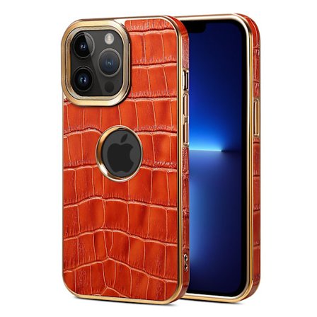 För Iphone 13 Pro Max Läderbelagd phone case Galvanisering Pc+tpu cover med logotypvy