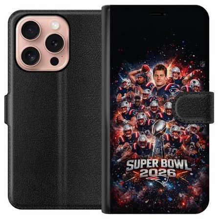 Yhteensopiva Lompakkokotelo Apple iPhone 16 Pro Super Bowl 2026 juliste, jossa New England Patriots ja NFL-mestaruuspalkinto räjähtävän urheilullisess