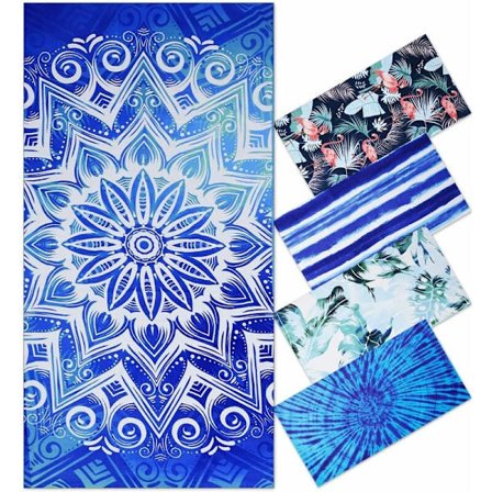 Mikrofiber Strandhåndkle XXL 180x90 cm, Superabsorberende, Anti-Sand, Mandala Blå - for Svømming, Basseng u0026 Sport