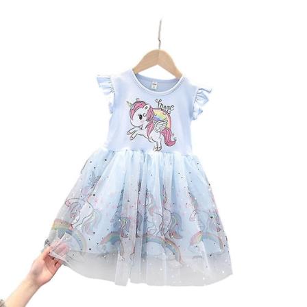 Jingdong 4-8 år flickor enhörning sommar prinsessa klänning Light Blue 5-6 Years