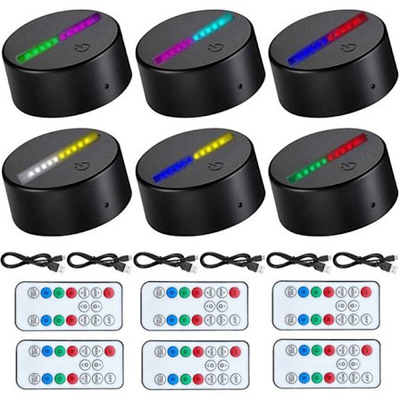 3D Lampe Base LED Nattelys 7 Farvetoner LED Lampe Base med Fjernbetjening USB-kabel til Akrylglas og Sort Harpiks