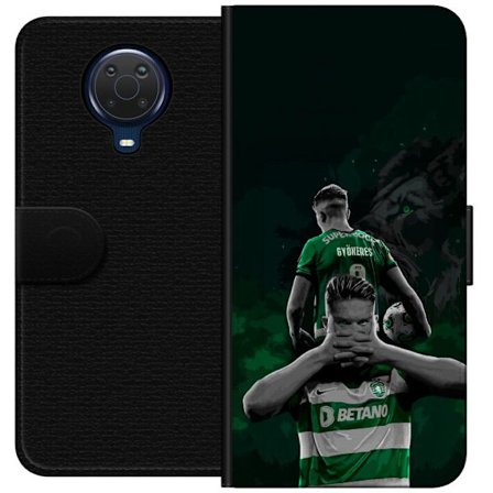 Yhteensopiva Lompakkokotelo Nokia G20 Neonmotiivi, jossa teksti "Gaming is in my DNA" sinisenä ja punaisena tiiliseinällä, jossa loistava DNA-spiraali