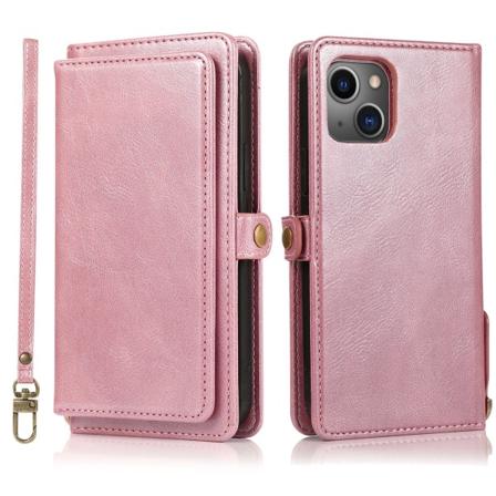 iPhone 15 Plus - Lyxig Plånboksfodral i Läder med Korthållare Pink gold