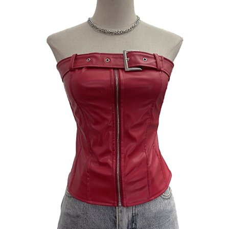 Dame Faux Læder Lynlås Tube Top Stropløs Vintage Bustier Korsetter Party Clubwear