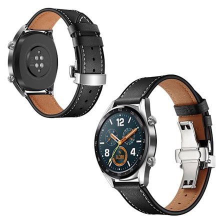 Huawei Watch GT / 2 / Watch Magic aito nahkainen ranneke - Musta / Hopea