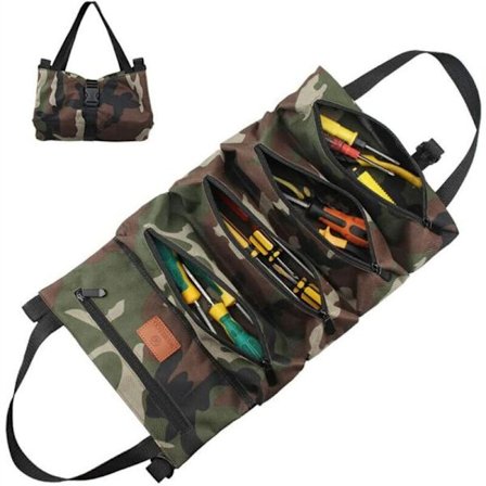 Verktøyveske 5 glidelåslommer, verktøyrull bilveske, lerret verktøyrullveske, glidelås verktøyrull lomme, sammenleggbar (verktøy ikke inkludert, 