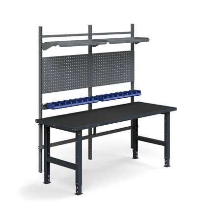 Complete workbench TRUST, inc. tool panels, boxes + shelves, 2000x760 mm, protective mat
