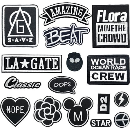 16 stk dekorative broderte lapper, slagord broderi strykemerker svart hvitt applikasjon lapp klistremerke sy-på lapper for klær T-skjorte jeans Ja