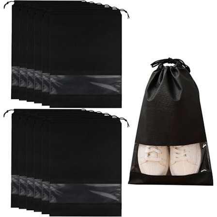 12-delt rejsesko taskesæt, sorte vandtætte støvtætte opbevaringsposer skoovertræk med gennemsigtigt vindue