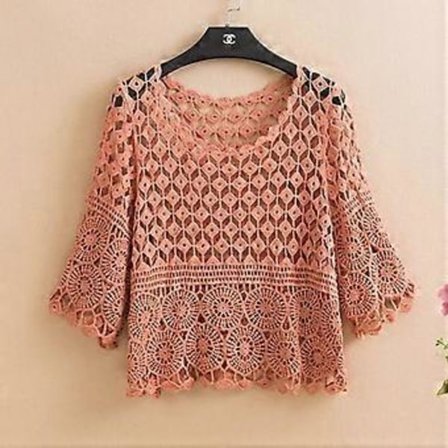 Strikket hæklet ensfarvet hul jakke til forår og sommer, nyt moderigtigt løst design med rund hals og femkvartærmer, håndlavet top til kvinder (XL 