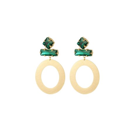 Statement Örhängen i Rostfritt Stål - Blanka Ringar / Cirklar med Gröna Glaspärlor i Olika Former - Guld