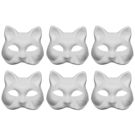 6 stk. Umalte kattekostyme-masker i tegneseriepapir, voksenmaske for maskeradeball, hvite 18X16X6CM