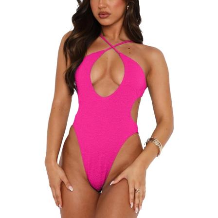 WJSM Naisten seksikäs ristikkäisnauhainen uimapuku, avoin selkä, monokini, uimapuvut, yksivärinen Soft Hot Pink M