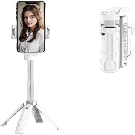 Mini ficktelefonhållare, 360-graders rotation med Bluetooth-fjärrkontroll och selfiestick, (vit)