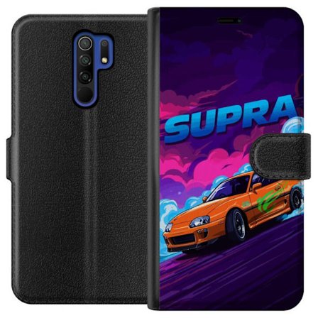 Yhteensopiva Lompakkokotelo Xiaomi Redmi 9 Toyota Supra driftaamassa neonvärisellä savulla, nopeuden tunteella ja yöllisessä katukilpailuympärist