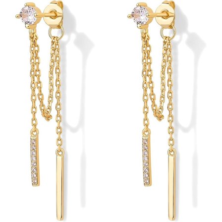 Guldpläterade Hängande Kedjeörhängen för Kvinnor | Hängande Kedjestift | Kubisk Zirkonia Boll Trådningsörhängen