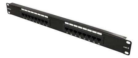 Deltaco 19" patch panel, 16+xRJ45, Cat6, UTP, 10Gbps, black