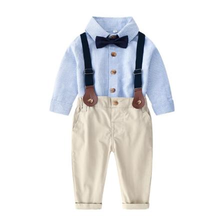 Baby Dreng Gentleman Outfit Formel Dragt, Langærmet Stribet Rutet Skjorte Blå 160CM