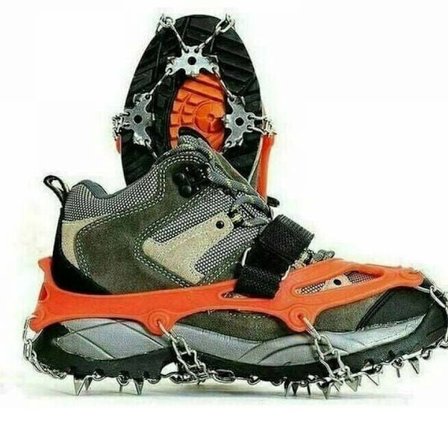 Sklisikre skopigger med 18 tenner i rustfritt stål for snø, fotturer, is, jakt og vintervandring.