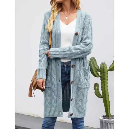 Långärmad kabelstickad lång cardigan för dam med öppen frontknapp