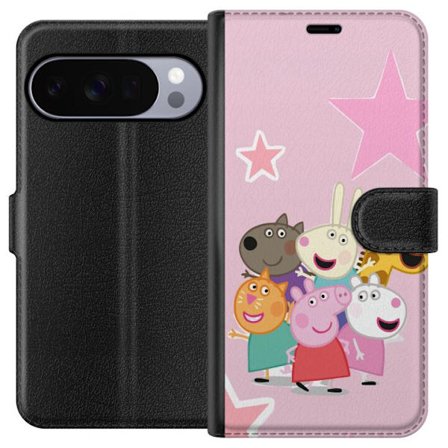 Yhteensopiva Lompakkokotelo Google Pixel 10 Pro XL Peppa Possu ja ystävät kerääntyneinä tähtien kanssa vaaleanpunaisella taustalla, värikäs la