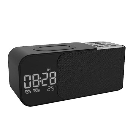 Digital Stereo FM-radio väckarklocka nattlampa Bluetooth-högtalare 10W trådlös laddare - Svart