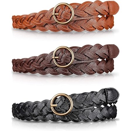 3 stk. flettet skinnbelte for kvinner, smalt flettet belte med O-ring
