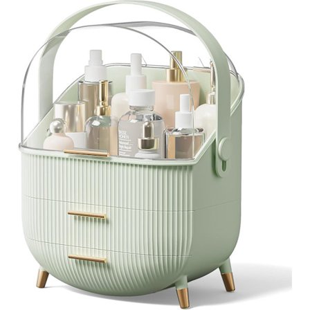 Suuri meikkien säilytyskotelo, jossa 2-kerroksinen säilytyslaatikko ja läpinäkyvä kansi, meikkipöytä (mintunvihreä)