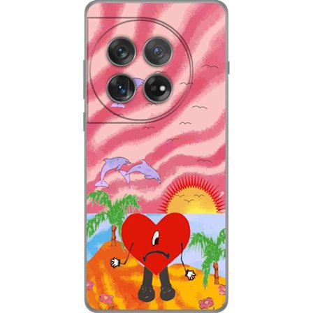 Kompatibelt Mobildeksel til OnePlus 12 Bad Bunny i en fargerik quiltet jakke med hjertemønster og solbriller i moderne gatestil