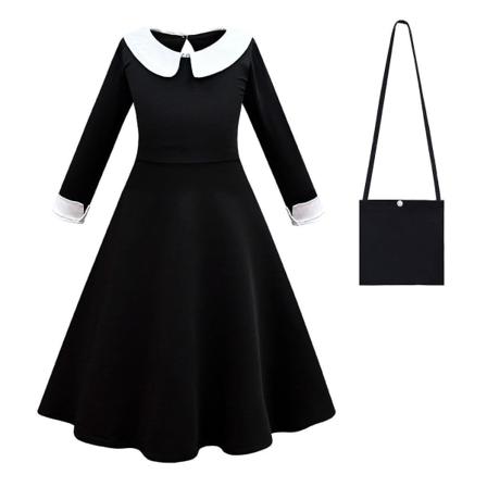 2023 New Cosdaddy Wednesday Addams Family Cosplay kostymekjole Barn Barn Jenter Svart kjole parykk Halloween kostyme dress-bag 160