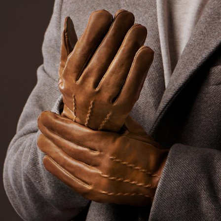 Gants au poignet en cuir de mouton bruns havane pour écran tactile pour hommes - Gants pour l'hiver