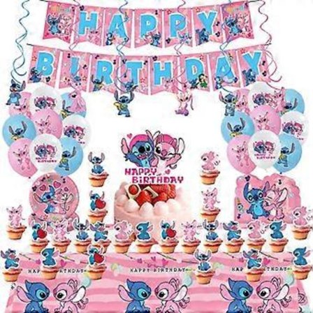 85-pack Rosa lilo, 1 stor banderoll, 1 tårtdekoration, 1 duk, 6 spirallyftare, 10 inbjudningskort, 10 tallrikar, 18 ballonger, 24 muffinsdekorationer