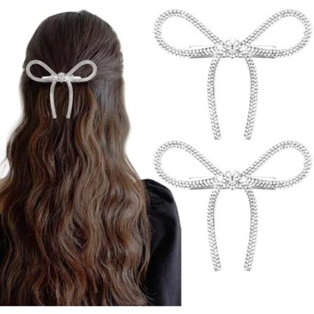 2 stk. Hårspenner med rosett og strass for kvinner, barn og jenter, langt, kort, tynt, tykt hår, sølv, elegante metallhårtilbehør B