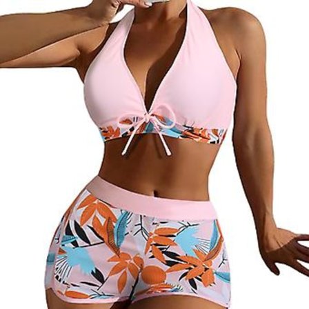 Dame Polstret Bikini Sæt med Bladtryk, Halterneck-BH, Slips-Top, Høj Talje, Boy-Shorts, Badedragt, Sommerstrandtøj (3XL Lys Pink)