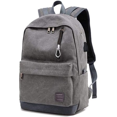 Ryggsäck, Canvas Business Resväska, Student Skolväska, Laptop Ryggsäck, Extern USB Laddningsväska med Hörlursuttag (Grå)