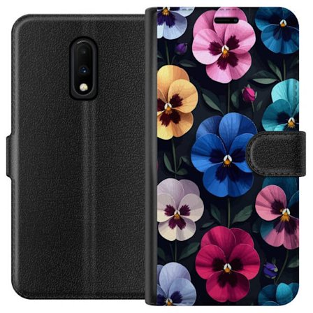 Kompatibelt Lommeboketui til OnePlus 7 Dekorativt blomstermønster med fargerike pensélignende blomster og mørk elegant bakgrunn