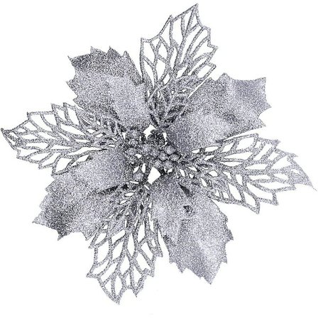 24 stk Sølv Glitrende Mesh Holly Leaf Kunstige Julestjerne Blomster Plukker Trepynt 5.9"