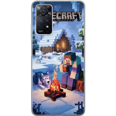 Kompatibel Mobilcover til Xiaomi Xiaomi Redmi Note 11 Pro 5G Minecraft vinterscene med Steve, ulv, bål og sneklædt hytte spil-inspireret illustratio