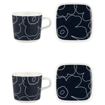 Marimekko Unikko kaffekopp med fat 4-pakning, blå/hvit