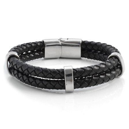 Bracelet en cuir noir tressé double pour hommes - Bracelets tressés
